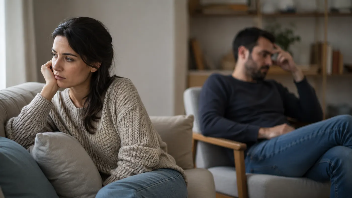 Frau und Mann sitzen mit Abstand und abgewandtem Blick im Wohnzimmer.