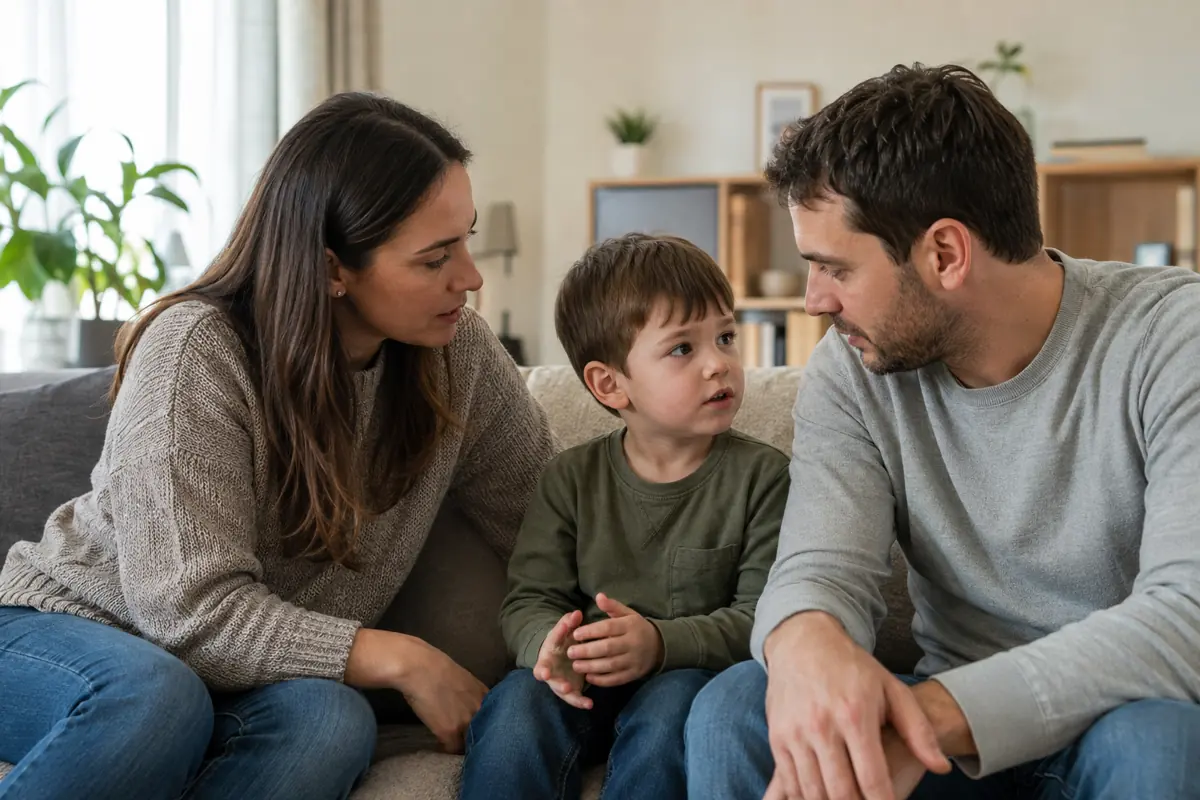 Mutter und Vater hören ihrem kleinen Sohn auf dem Sofa aufmerksam zu.
