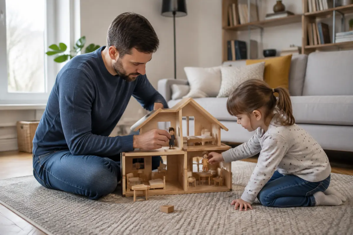 Ein Vater und sein kleines Kind spielen gemeinsam mit einem hölzernen Puppenhaus.