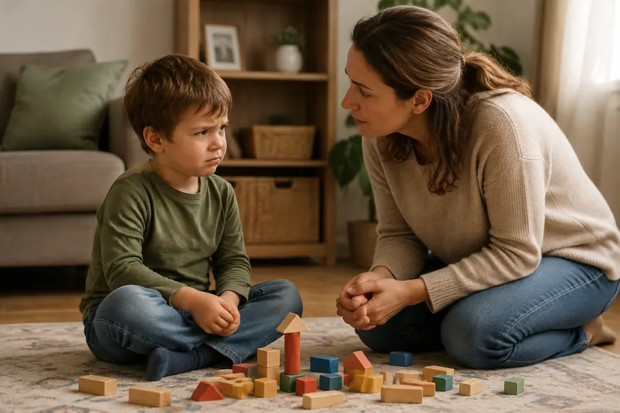 Ein kleiner Junge sitzt bei Holzklötzen, während seine Mutter ihm aufmerksam zuhört.