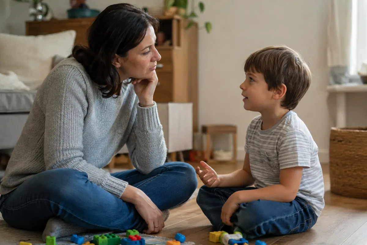 Eine Mutter hört ihrem Sohn beim Gespräch auf dem Wohnzimmerboden aufmerksam zu.